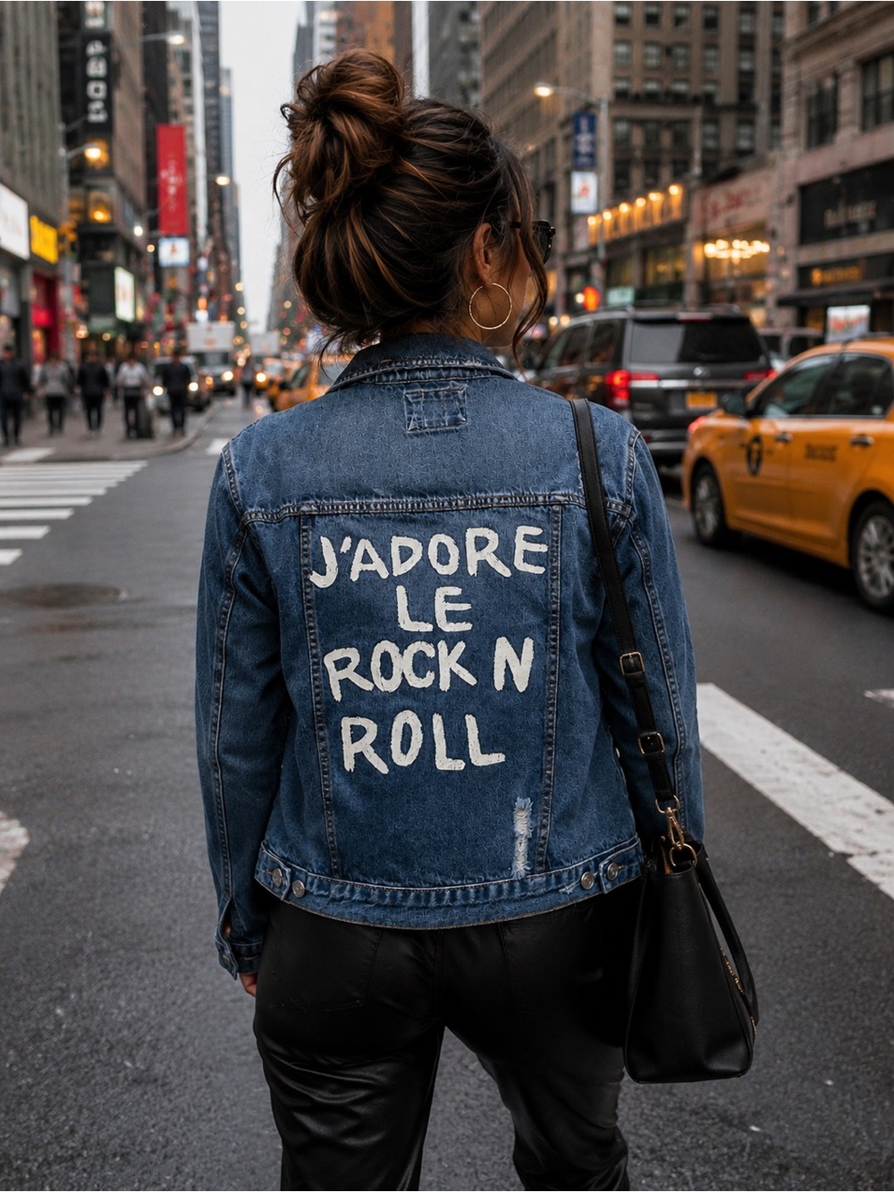 Denim Jacket with 'J'Adore Le Rock N Roll' White Lettering - Blue- women Large